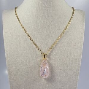 Vintage Dichroic Pastel Pink Pendant & Gold Plated Rope Chain Necklace 31"
